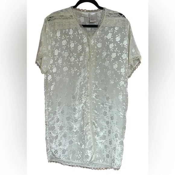 Intimate Moods Vintage Damask Satin Button Robe/Nightgown. Ivory- Size Medium. - Picture 1 of 7